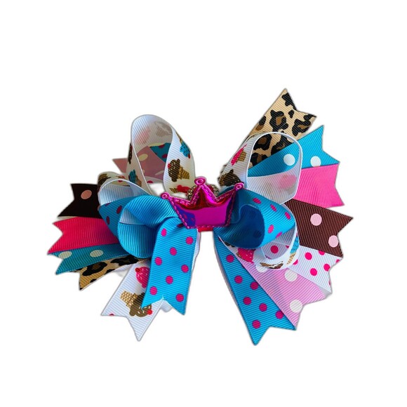 Princess Crown Big Hair Bow with Colored Grosgrain Ribbons for Girls & Toddler - Picture 2 of 6